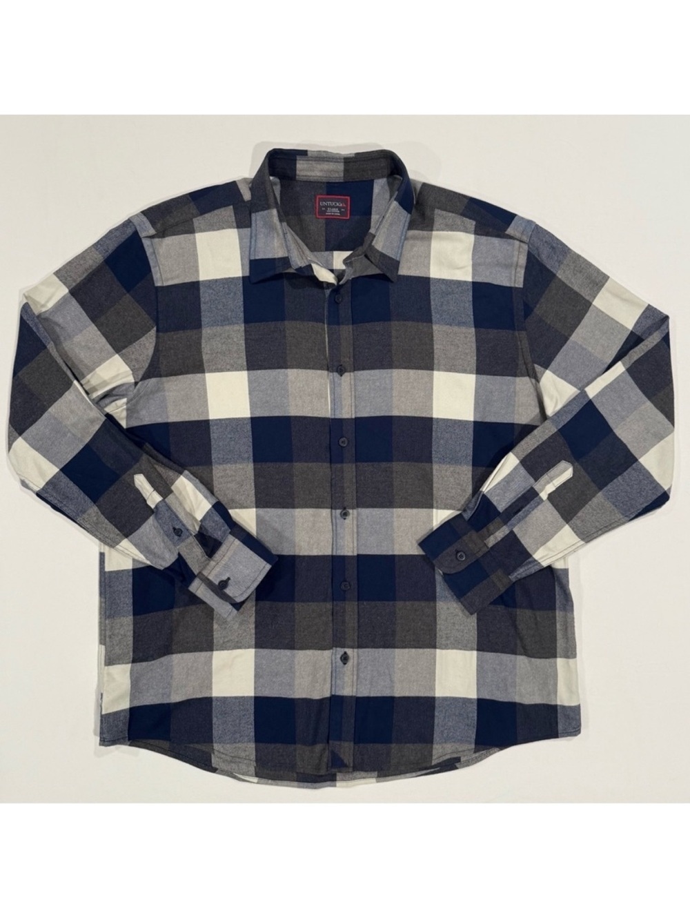 UNTUCKit Flannel Shirt Mens XL Navy Blue Grey White Box Plaid Cotton Button Down